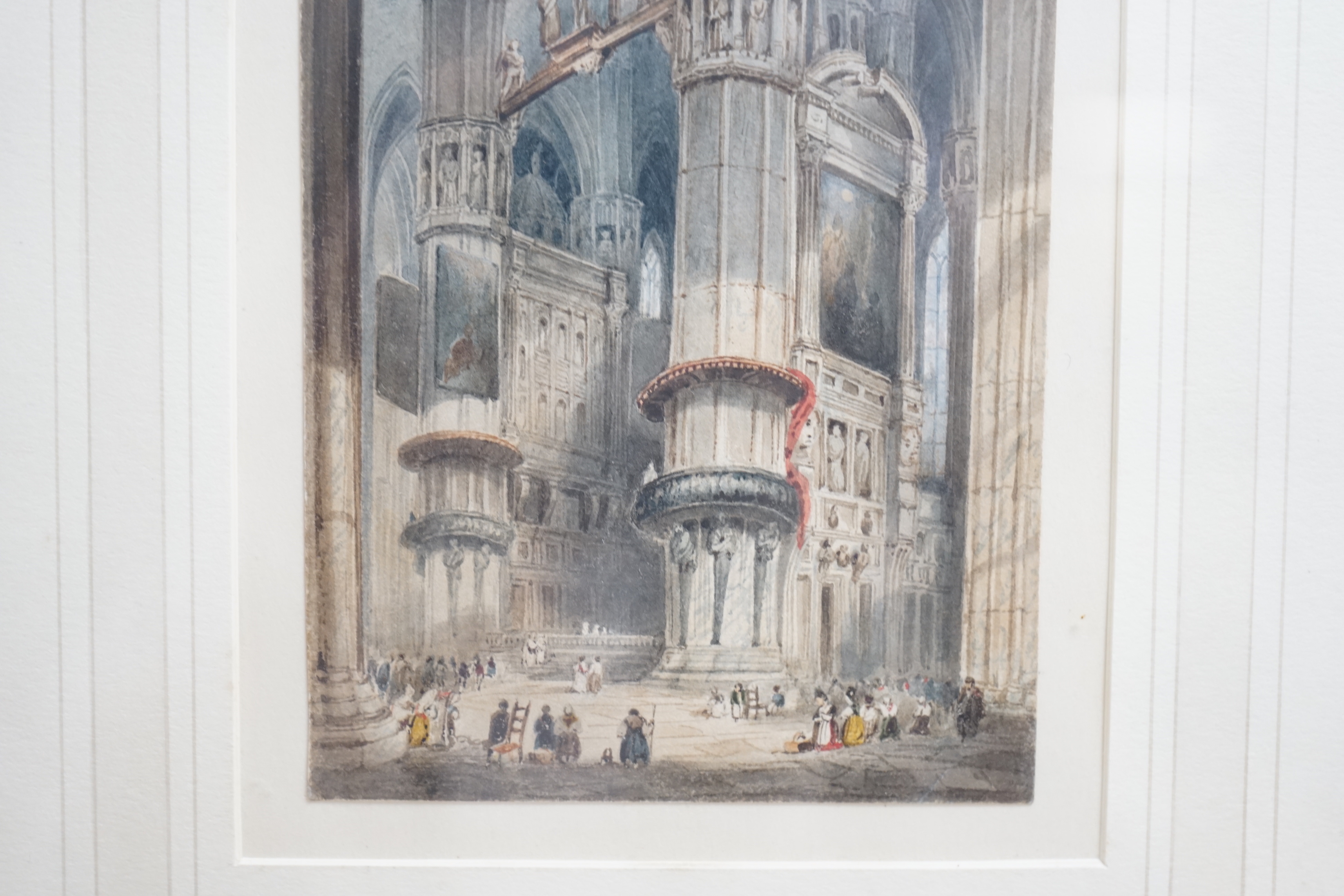 Andrew Mercer (1775-1842), miniature watercolour on card, Interior of Milan Cathedral, inscribed verso, ‘inscribed and signed on the reverse’, 13.5 x 9cm